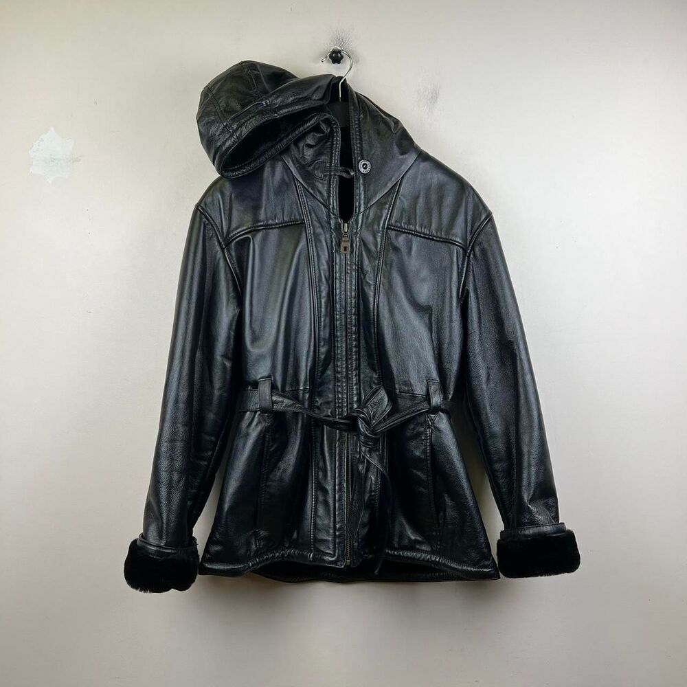 Wilsons Leather Women's Black Hooded Jacket with Belt and Faux Fur Size M